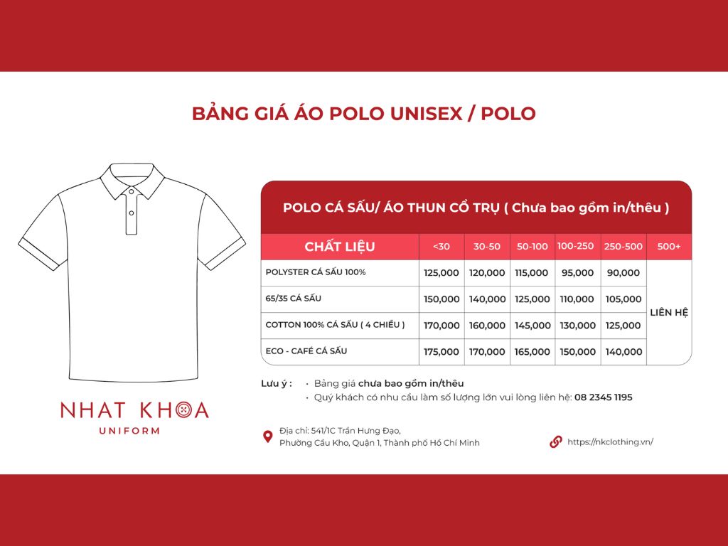 Bảng giá áo polo tại Nhất Khoa