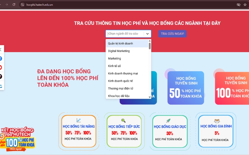 Cổng tra cứu học phí chi tiết của từng ngành trường HUTECH