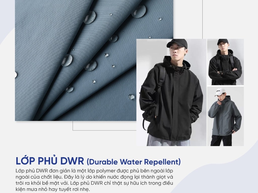 Áo mưa cao cấp nhập khẩu sử dụng lớp phủ DWR giúp chống thấm bền vững