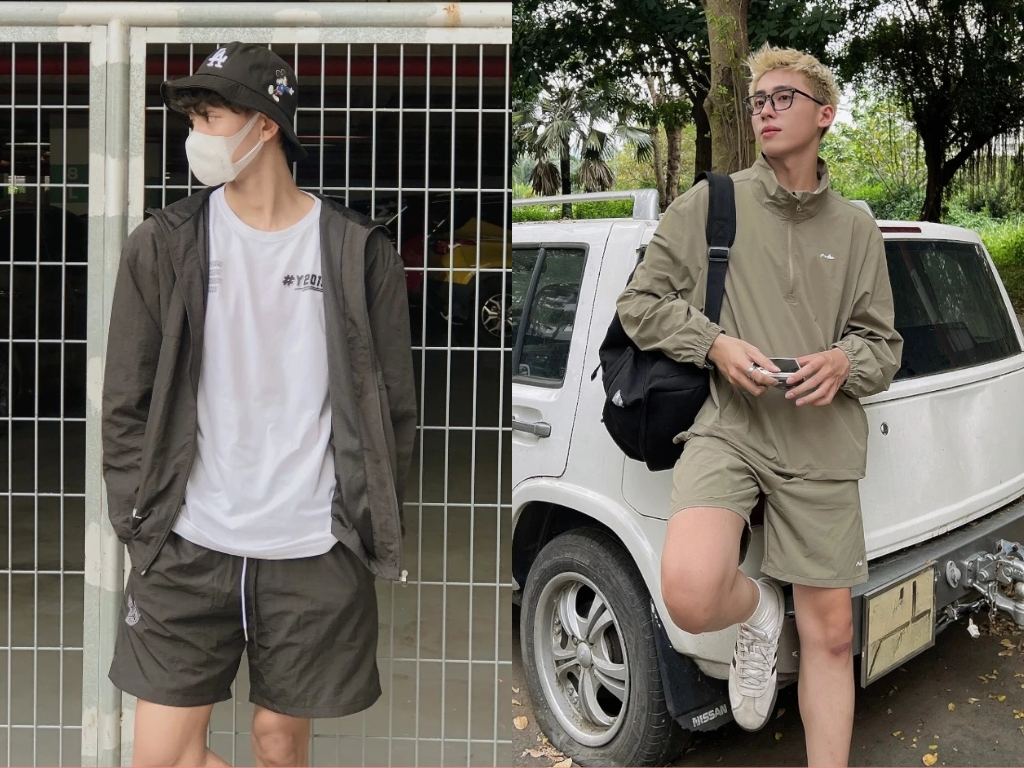 Bộ quần áo gió nam trơn màu tối giản 