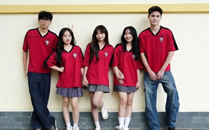 Áo màu đỏ đô cổ chữ V mang đến sự cân bằng giữa nét hiện đại và tinh tế