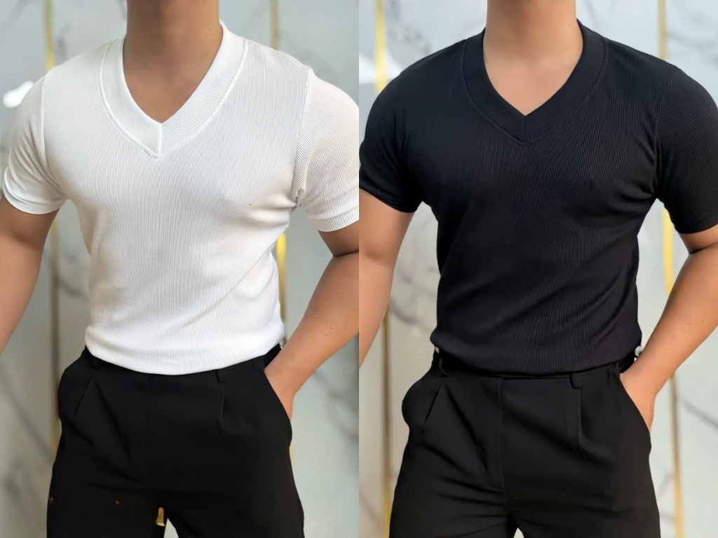 Áo thun body nam cổ tim giúp cổ trông dài và thanh thoát hơn