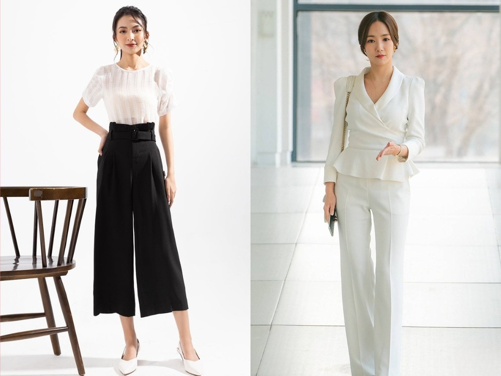 Áo kiểu phối cùng quần ống rộng