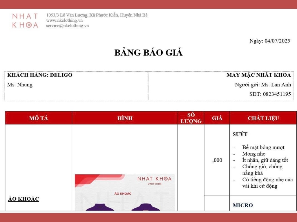 Bảng báo giá đồng phục công sở hoàn chỉnh của Nhất Khoa Uniform