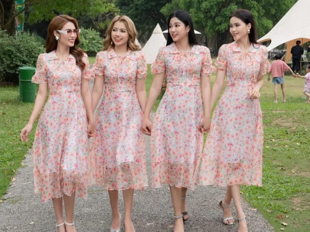 Mẫu váy đồng phục đi biển họa tiết hoa nhí