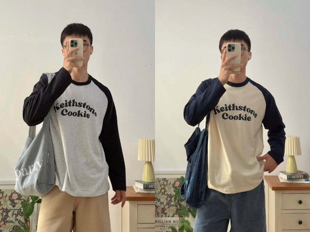 Áo raglan tay dài có phần tay và thân áo khác màu nhau