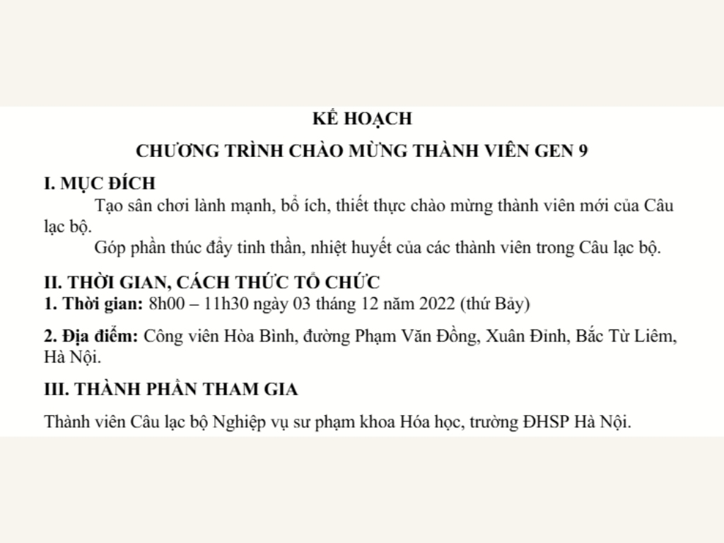 Phần thông tin tổng quan chương trình team building