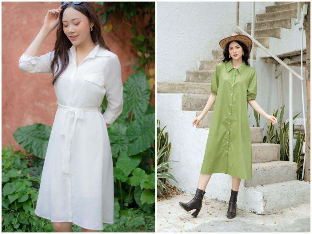 Thiết kế này có hàng cúc phía trước và đi kèm đai thắt eo tạo điểm nhấn