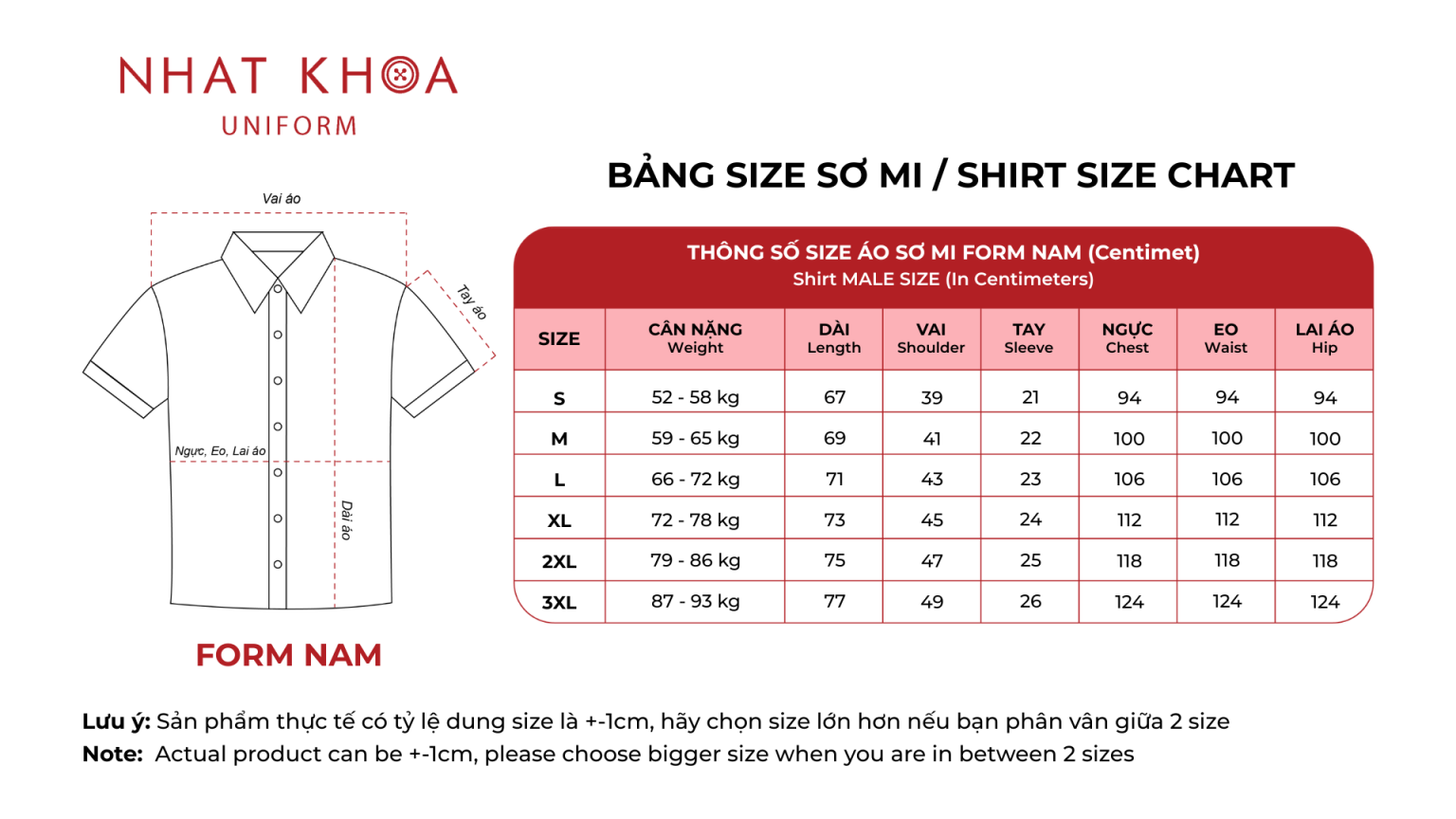 BẢNG SIZE SƠ MI SHIRT SIZE CHART ( BẢN GỐC )