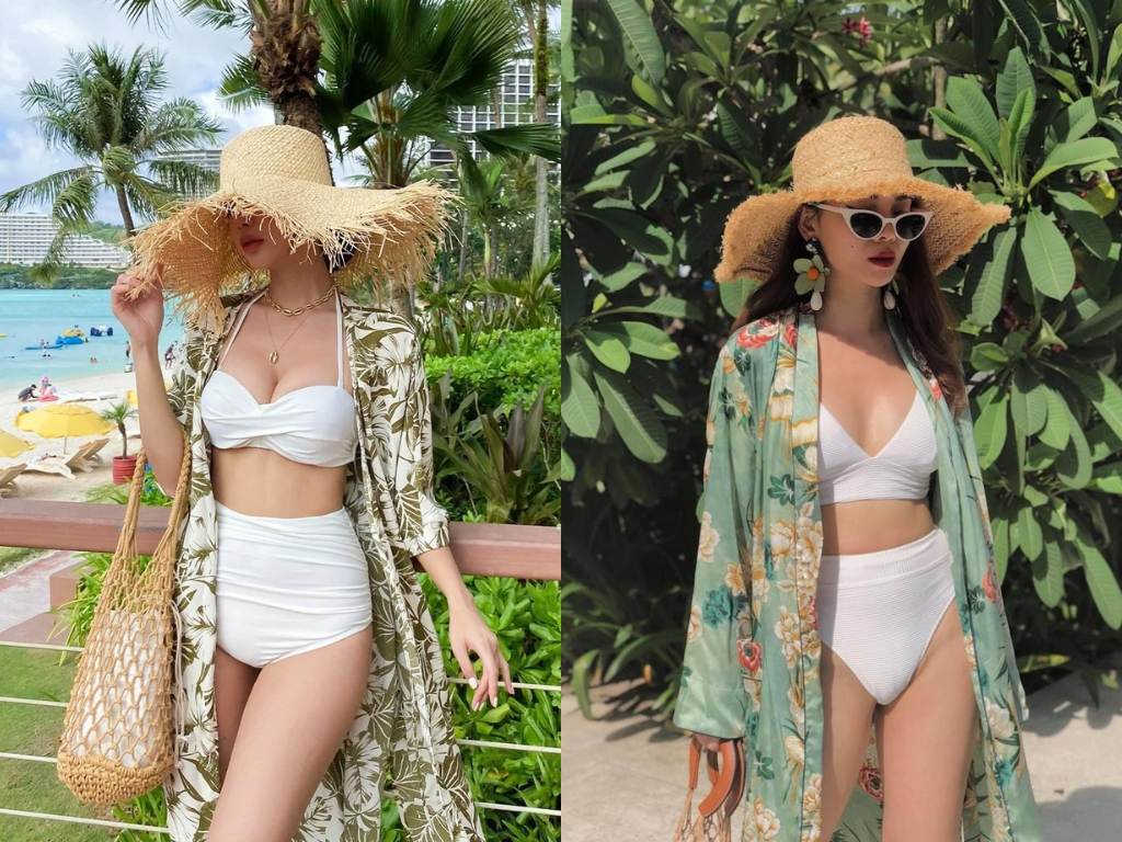 Sự kết hợp giữa đồ bơi, áo choàng và nón rộng vành tạo nên set đồ đi biển hoàn hảo