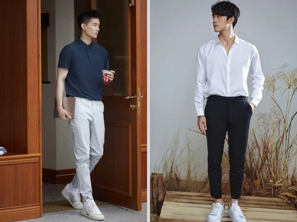 Một đôi sneaker da màu trắng sạch sẽ có thể kết hợp hoàn hảo