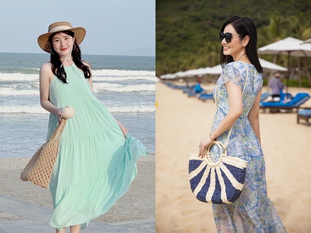 Váy liền thân phối với mũ và túi cối là cách phối đồ đi du lịch lý tưởng cho đi biển