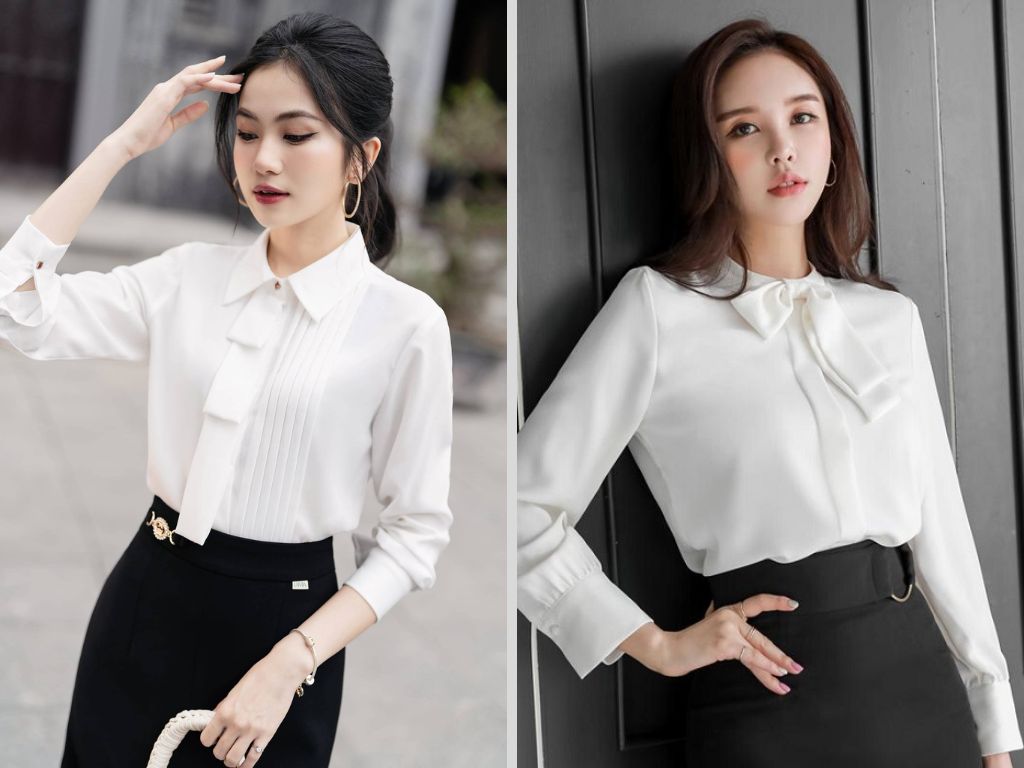 Kiểu dáng nữ tính với phần nơ được thắt to bản ở cổ