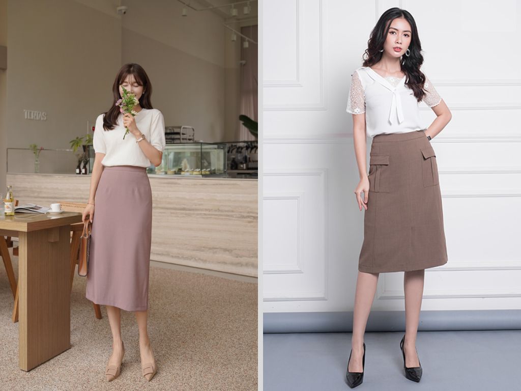 Phối áo và chân váy cùng tông màu theo phong cách monochrome