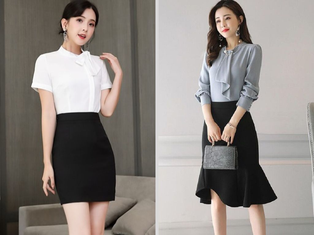 Váy ngắn kết hợp áo kín đáo giúp cân bằng lại tổng thể trang phục