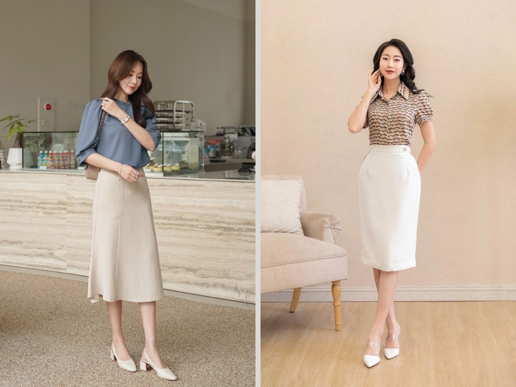 Mẫu chân váy bút chì hiện đại có thêm các chi tiết nhấn nhá như đắp chéo