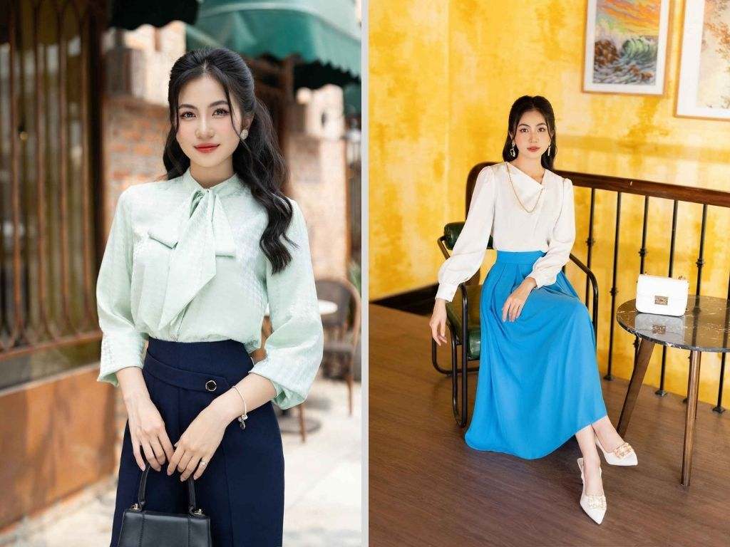 Các phom dáng như áo vạt chéo, áo peplum là lựa chọn phù hợp cho bạn