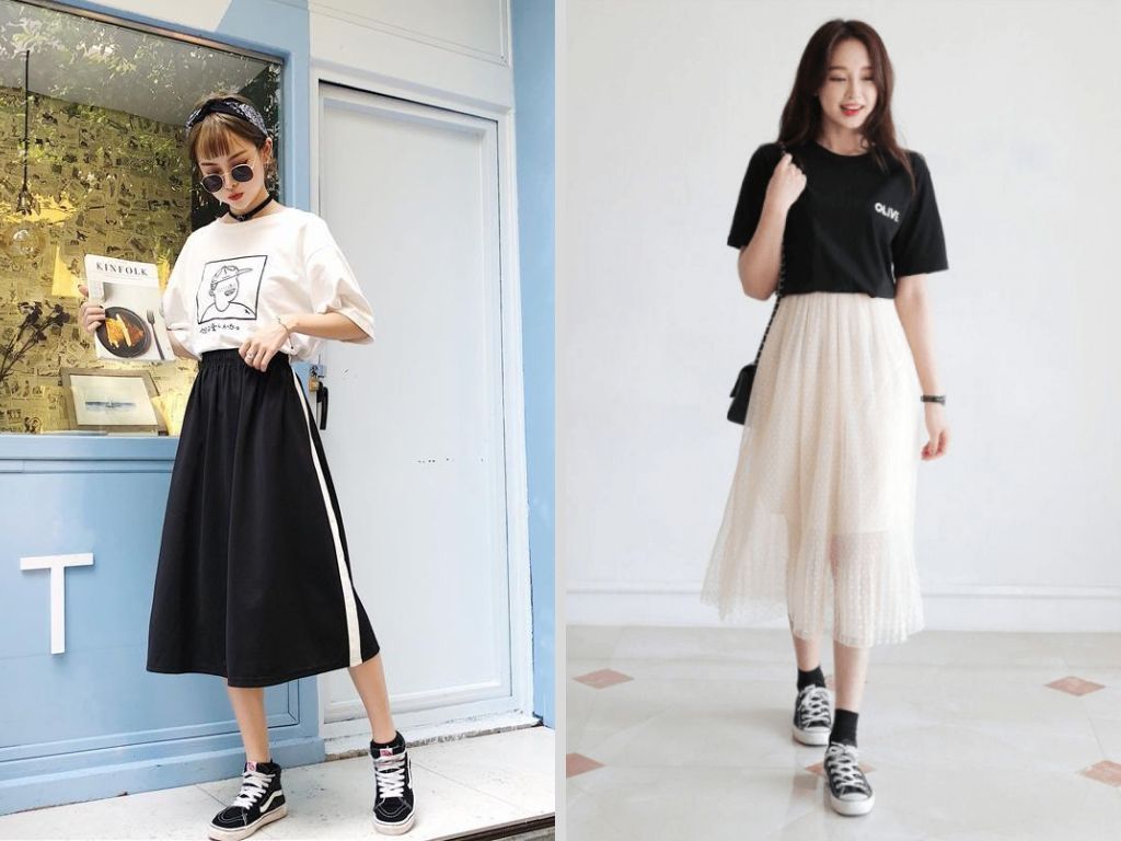 Chân váy xòe phối cùng áo thun basic