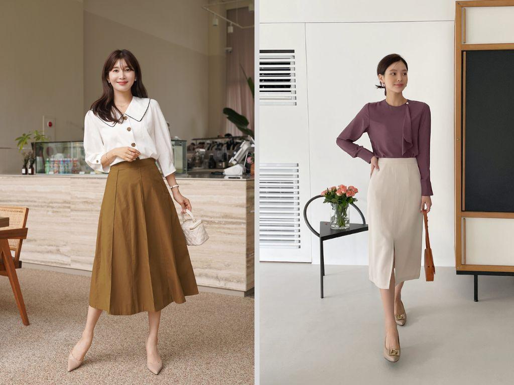 Váy chữ A với phần eo ôm và phần hông xòe nhẹ giúp che khuyết điểm