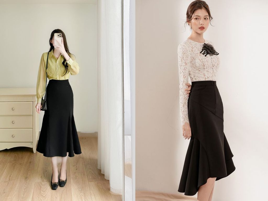 Chân váy đuôi cá thiết kế ôm ở phần hông và xòe nhẹ ở phần đuôi váy