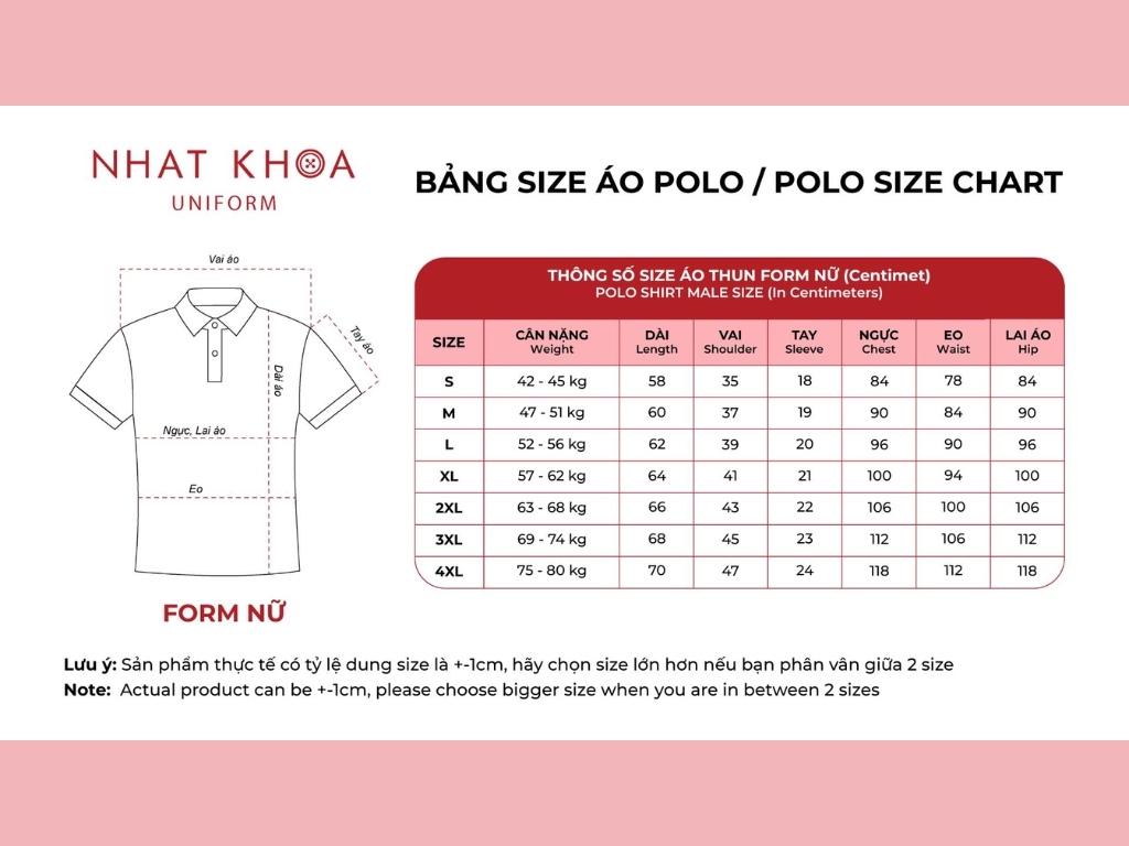 Bảng size áo đồng phục chi tiết tại Nhất Khoa Uniform