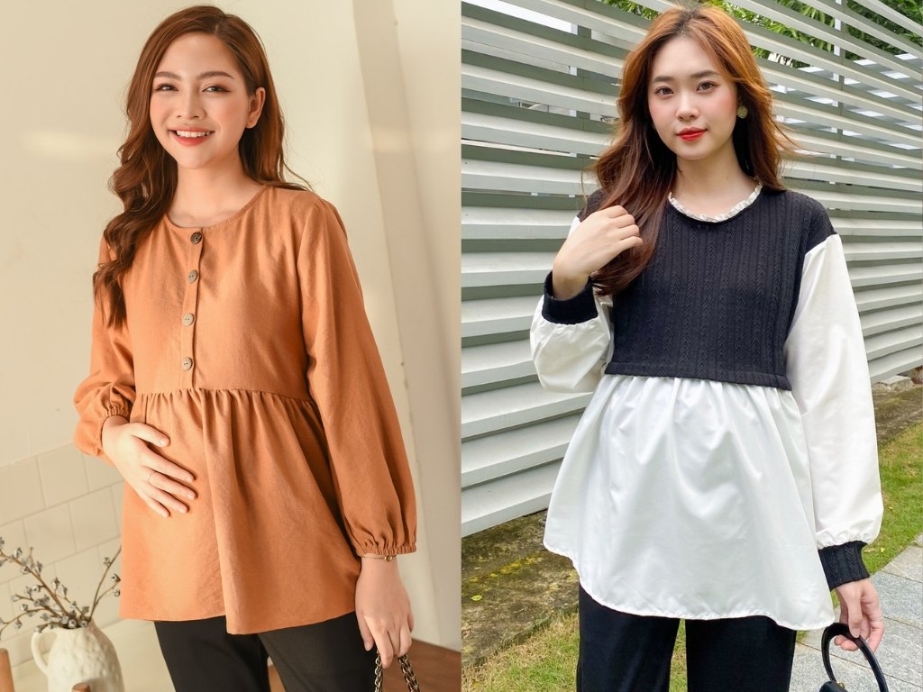 Áo peplum có chi tiết chiết eo và phần vạt xòe rộng giúp tôn dáng tinh tế cho mẹ bầu