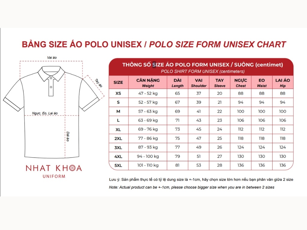 Bảng size áo cờ đỏ sao vàng form unisex tại Nhất Khoa Uniform