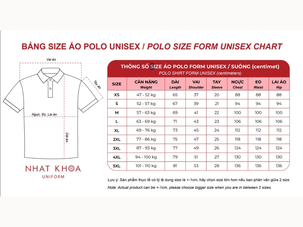 Nhất Khoa cung cấp bảng size áo form unisex chi tiết