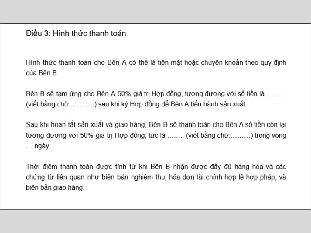 Một mẫu hợp đồng đặt may đồng phục rõ ràng cần ghi tổng giá trị