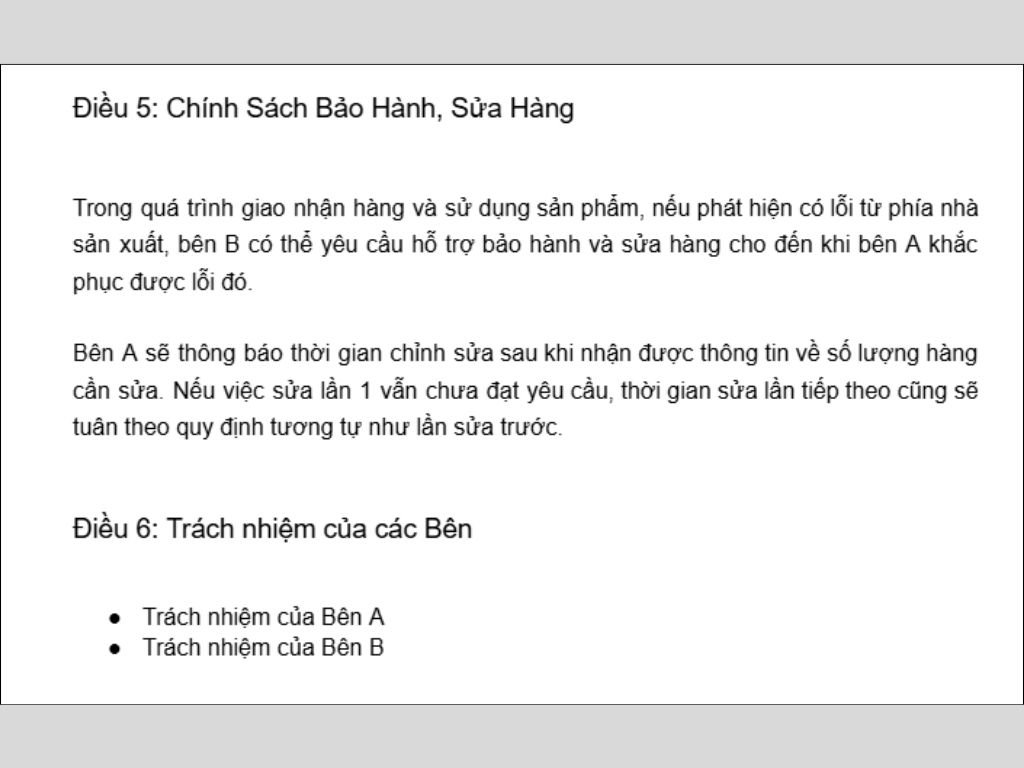 Chính sách bảo hành cần được nêu rỏ trong hợp đồng