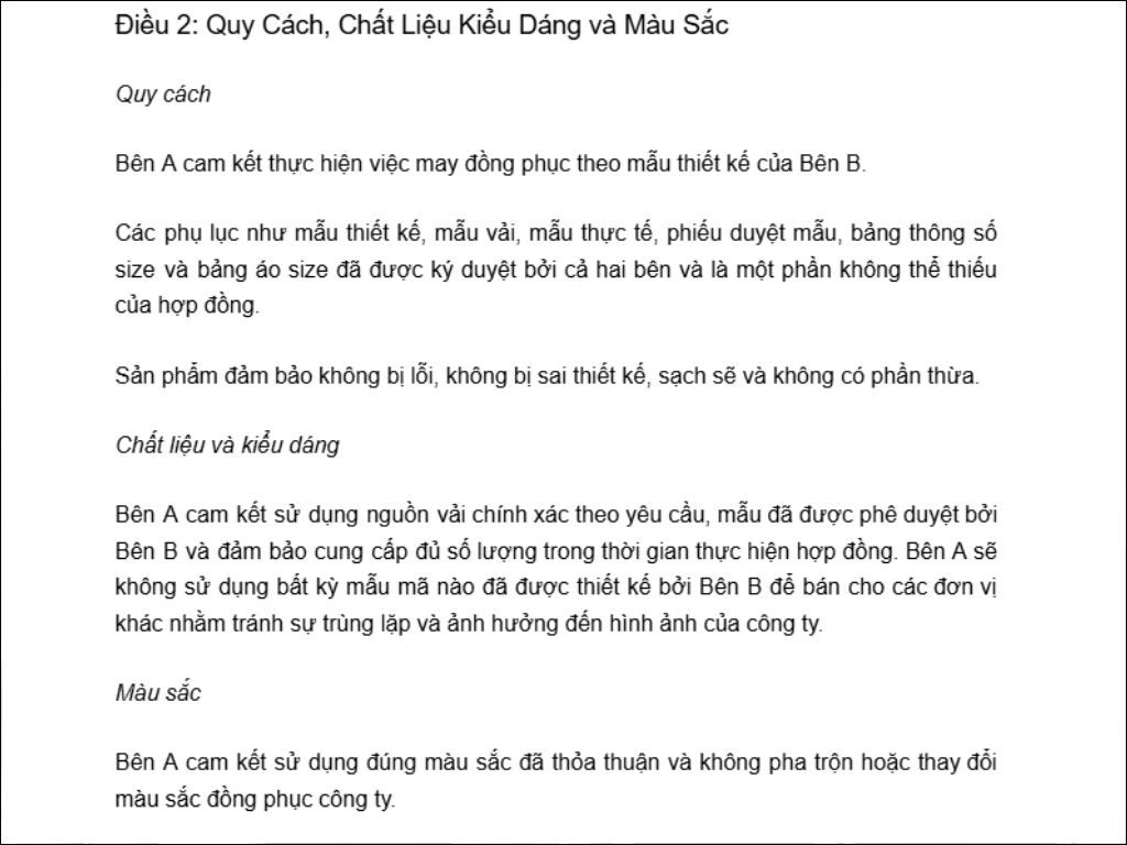 Hợp đồng may đồng phục công sở bao gồm các cam kết