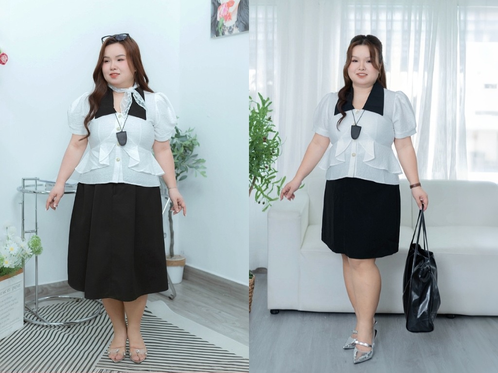 Áo sơ mi Peplum với phần vạt áo xòe rộng giúp che đi phần bụng dưới một cách hiệu quả