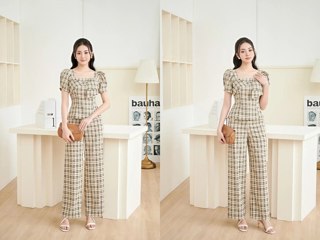 Bộ quần áo kẻ công sở họa tiết caro