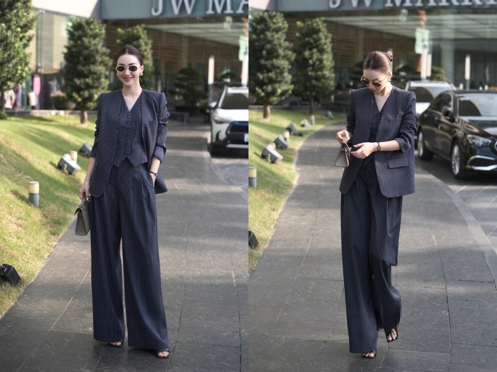 Bộ quần áo công sở kẻ sọc dọc giúp người mặc trông cao và thon gọn hơn