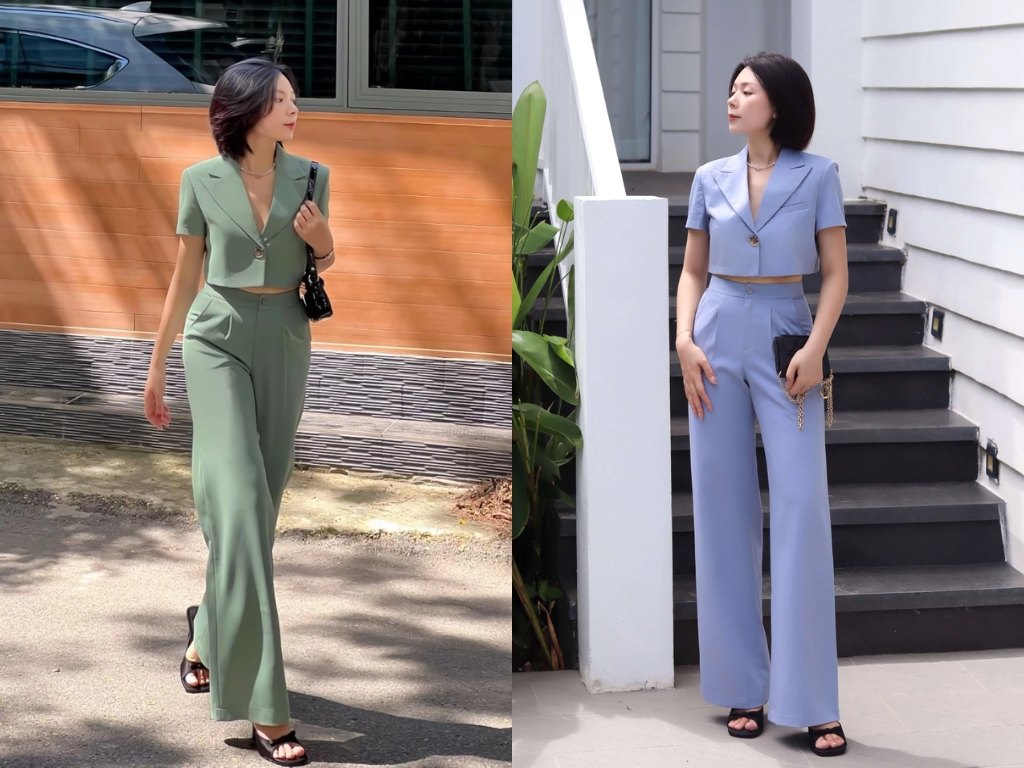 Bộ blazer croptop và quần ống rộng là một xu hướng thời trang đồ bộ công sở mới mẻ