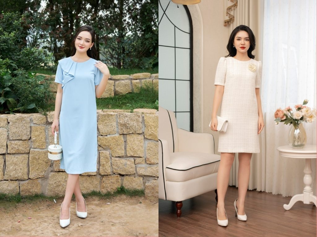 Bạn có thể phối váy suông với giày cao gót mũi nhọn để vóc dáng cao ráo, thanh thoát hơn