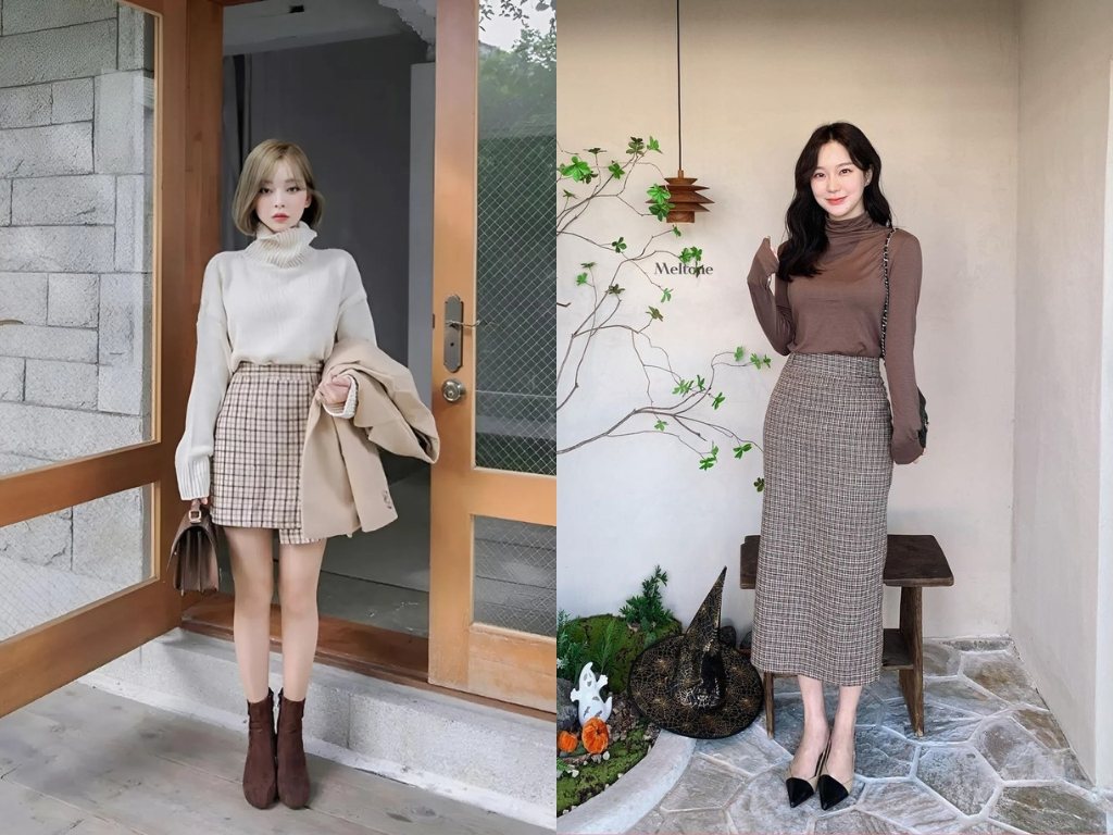 Áo thun cổ lọ kết hợp với váy dạ công sở mùa đông là công thức phối đồ kinh điển