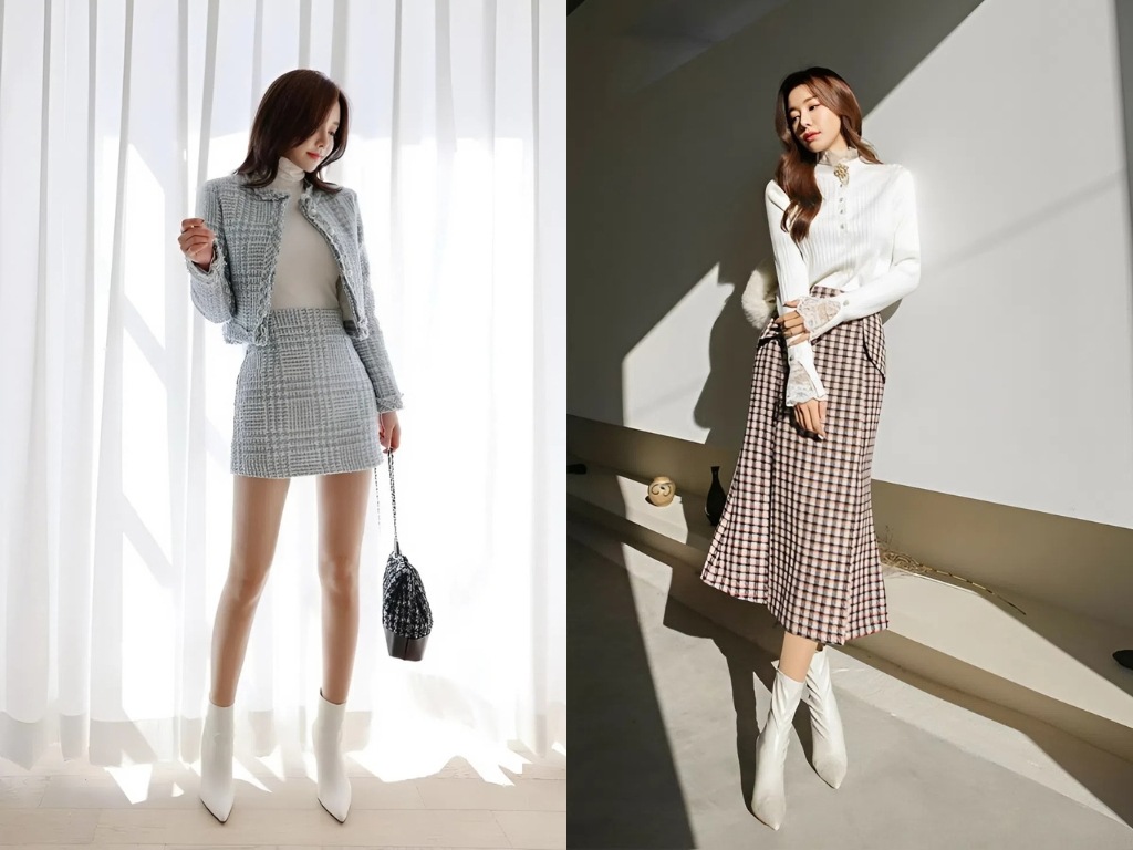 Bạn có thể phối một đôi boots cổ thấp với váy dạ công sở mùa đông