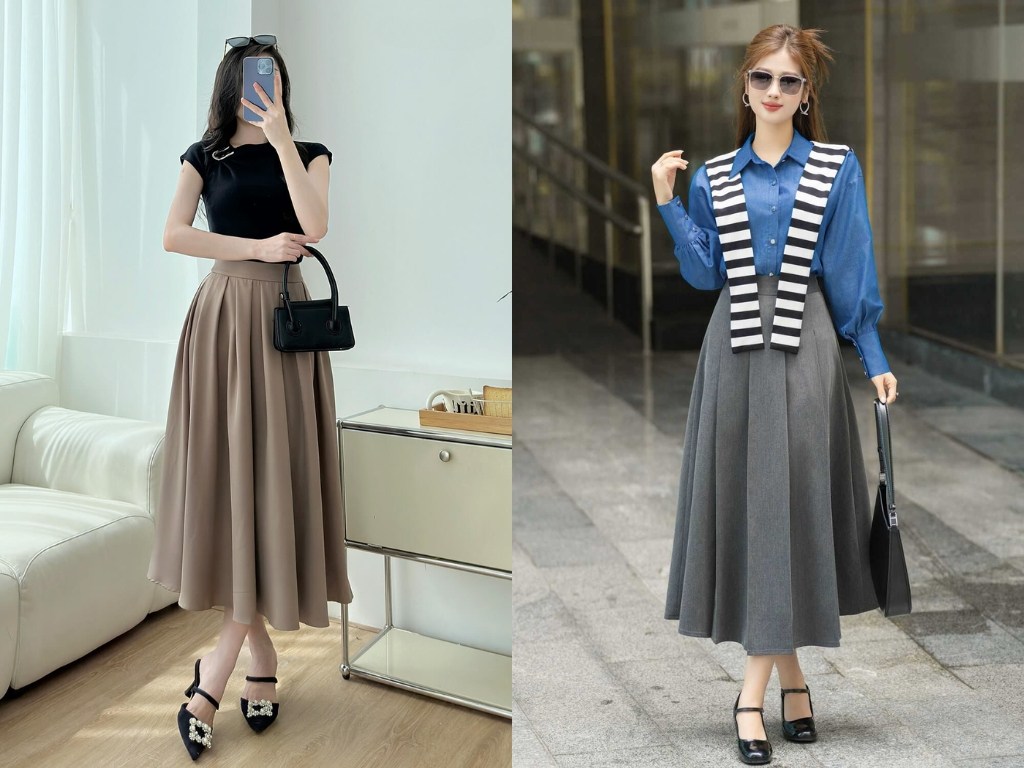 Bạn nên chọn chân váy công sở dành cho người gầy dáng xòe để phần thân dưới đầy đặn hơn