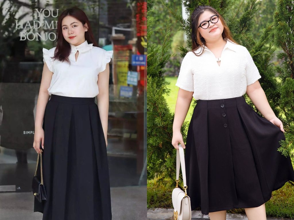 Bạn nên chọn chân váy công sở big size màu đen để tạo cảm giác cơ thể thon gọn hơn