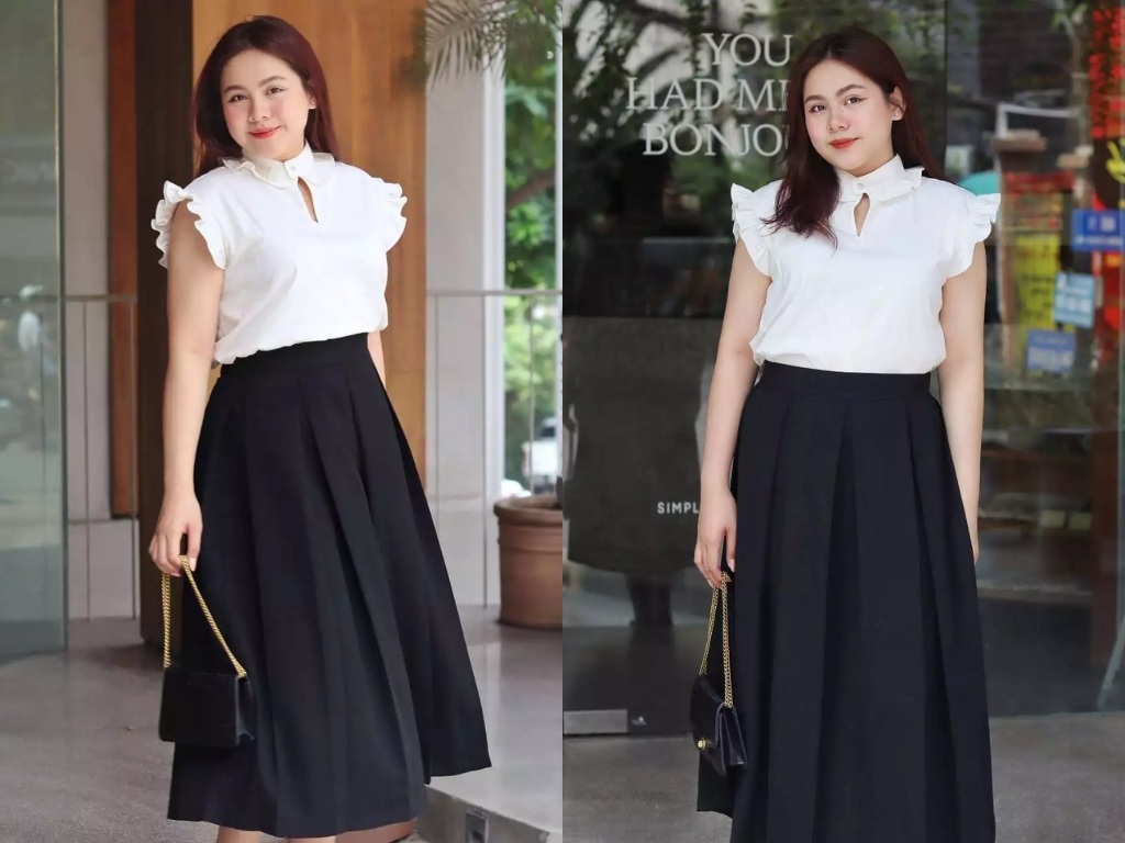 Bạn nên sơ vin áo vào chân váy vừa tạo sự gọn gàng vừa giúp định hình lại vòng eo