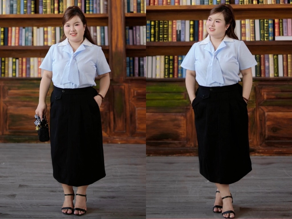 Bạn nên chọn đôi giày cao gót mũi nhọn để mang cùng chân váy công sở cho người béo