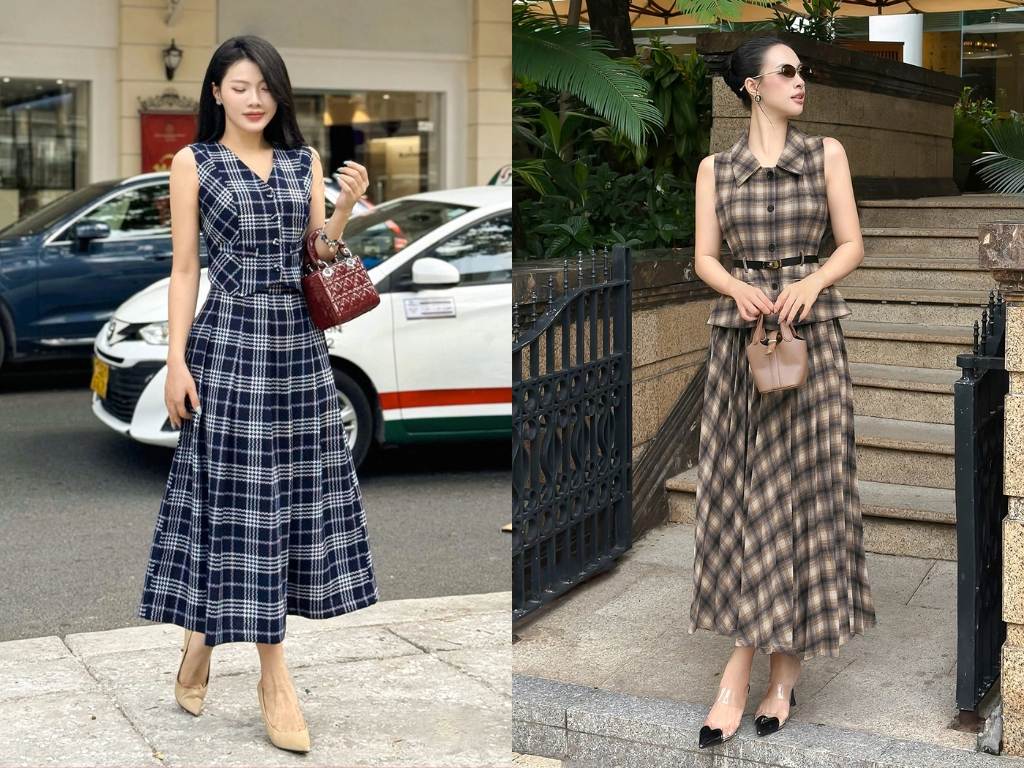 Gile phối với váy midi kẻ caro là mẫu bộ kẻ công sở mang lại vẻ ngoài cổ điển, trẻ trung