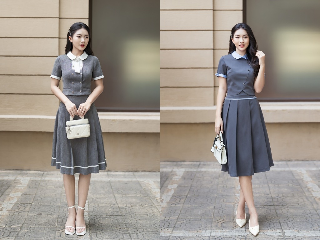 Áo blouse lụa kết hợp với chân váy midi mang lại vẻ đẹp nữ tính, thanh lịch