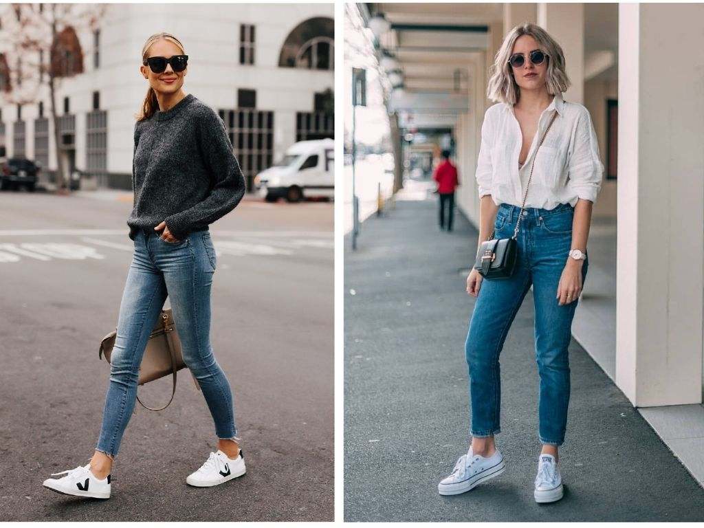 Áo thun basic phối cùng quần jeans xanh hoặc jeans rách