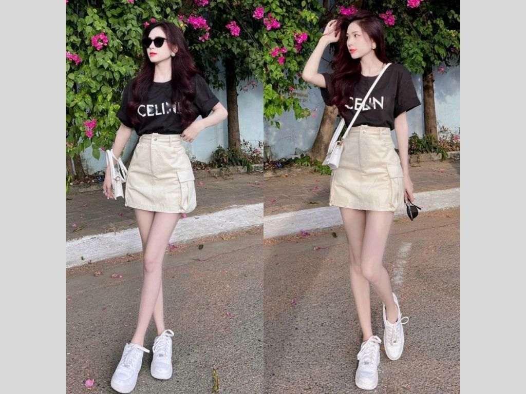 Áo thun nữ tính khi phối với chân váy chữ A tạo sự trẻ trung cho bạn
