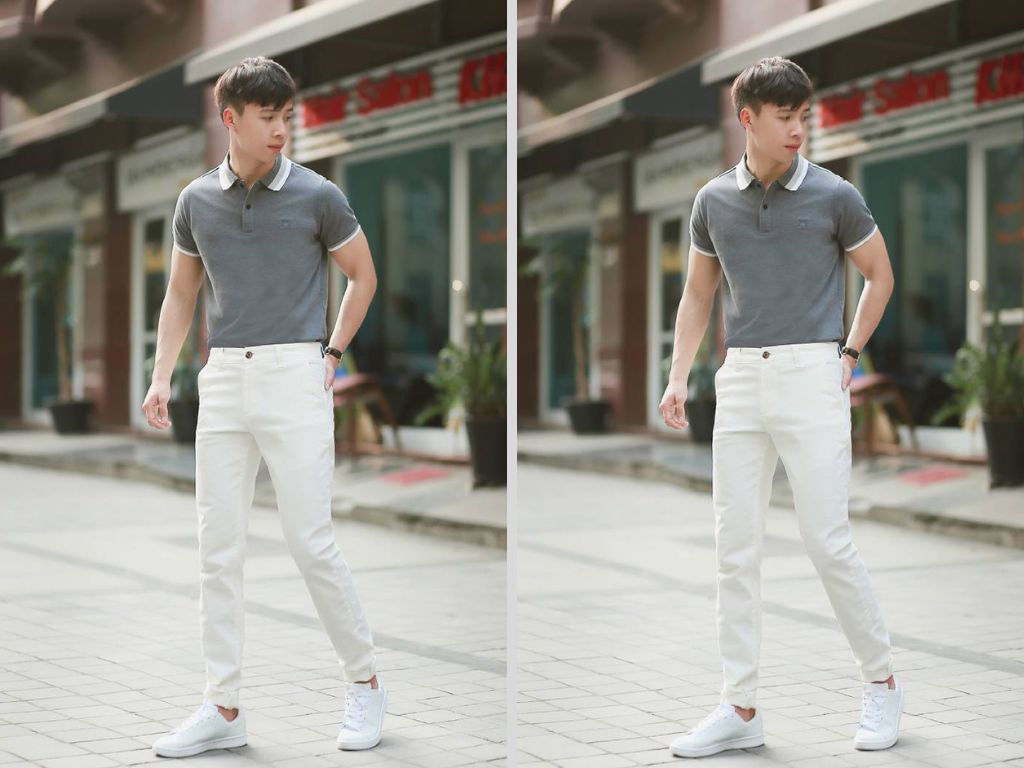 Áo polo bạn kết hợp trang phục với giày thể thao trắng thể hiện sự thanh lịch