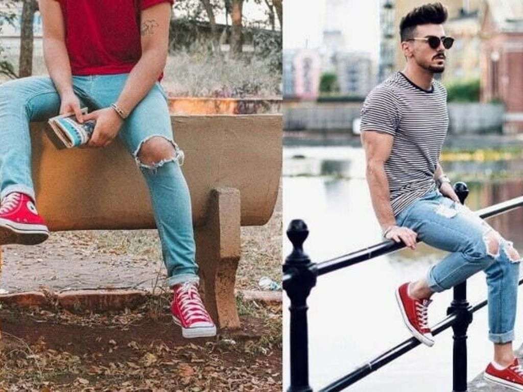 Quần jean là item dễ phối nhất với giày thể thao đỏ