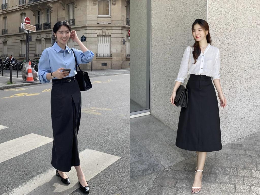 Bạn nên sơ vin áo với chân váy công sở dài qua gối để tạo sự gọn gàng và chuyên nghiệp