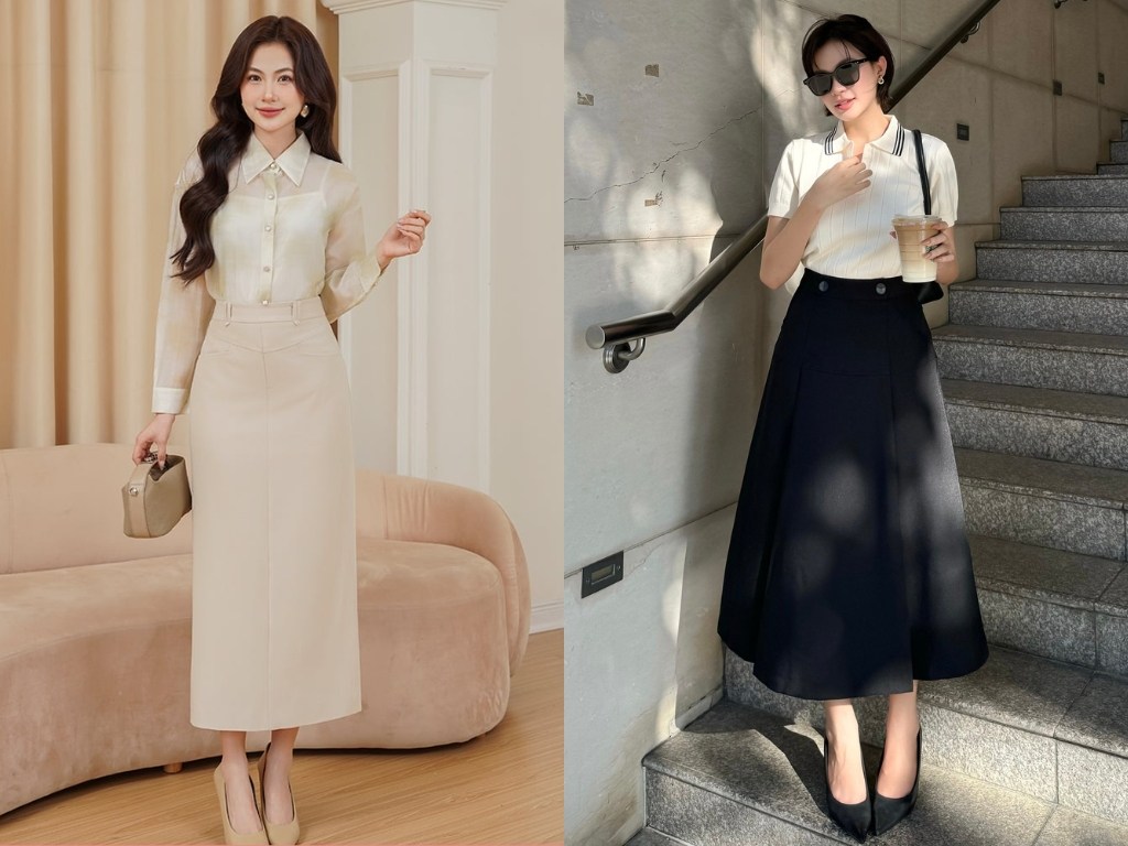 Chân váy dài có gam màu trung tính sẽ giúp bạn dễ dàng phối đồ hơn